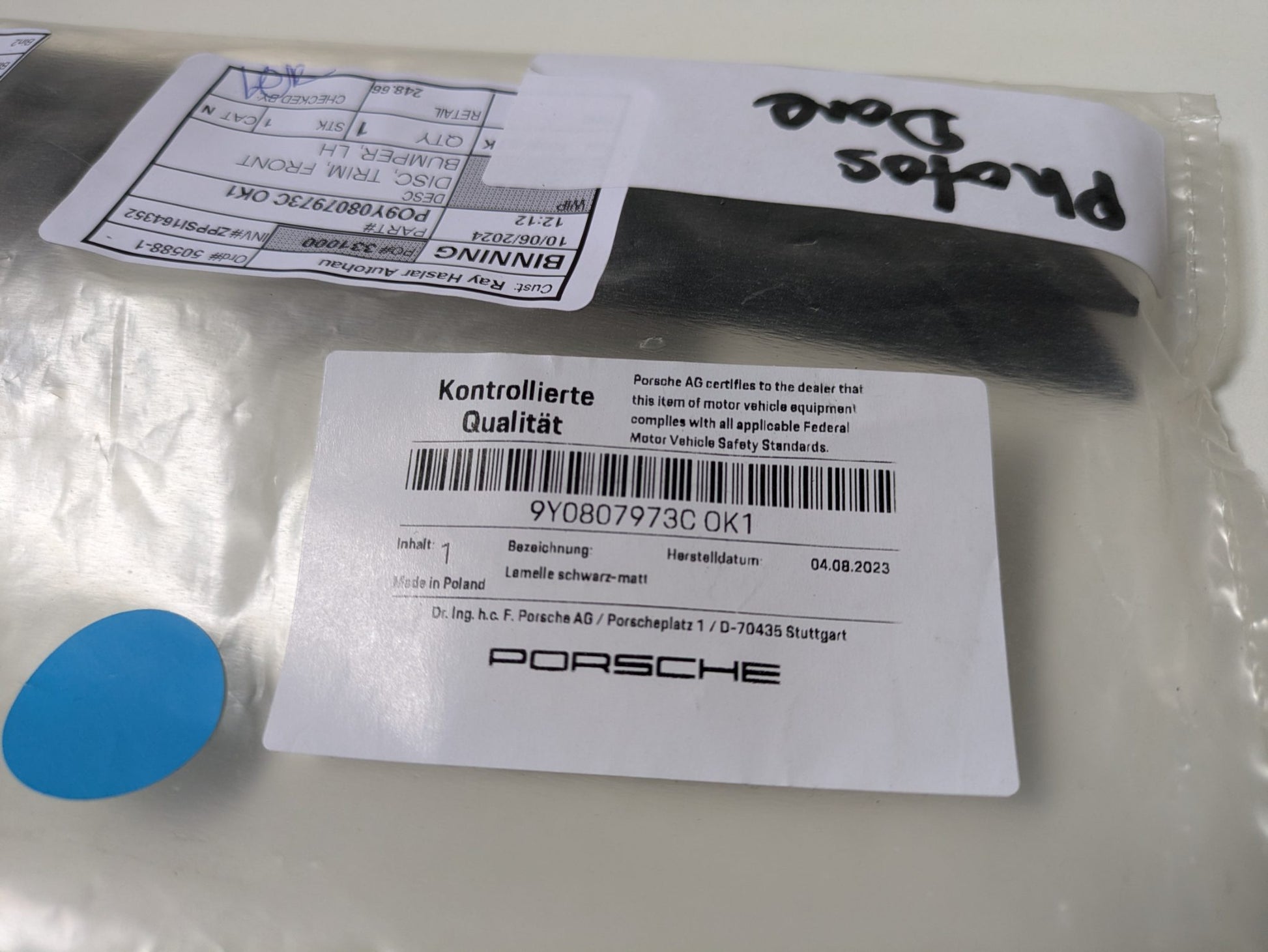 Genuine LH Centre Blade Grill Trim Porsche Cayenne Turbo/S 9YA/9YB 2019-2023 New